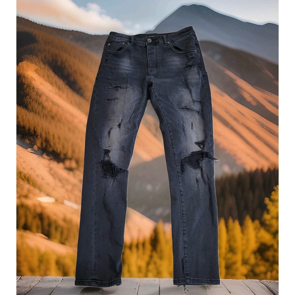🖤 Purple Brand Distressed Slim‑Fit Jeans Men's 32 (30x32) Black Wash Button Fly